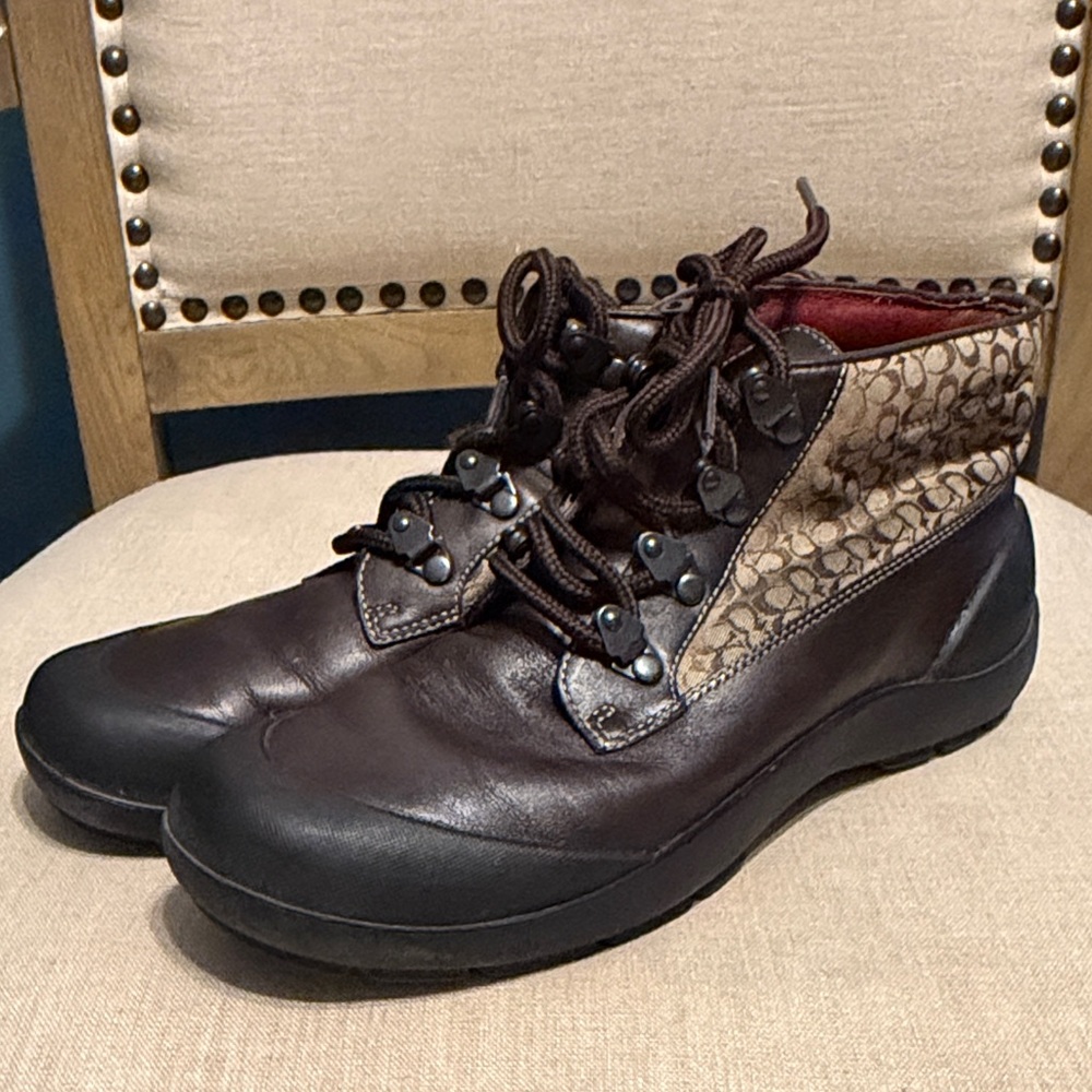 Coach “Dianne” Brown and Black Monogram Lace-Up Boots, Size 8M - Picture 2 of 12